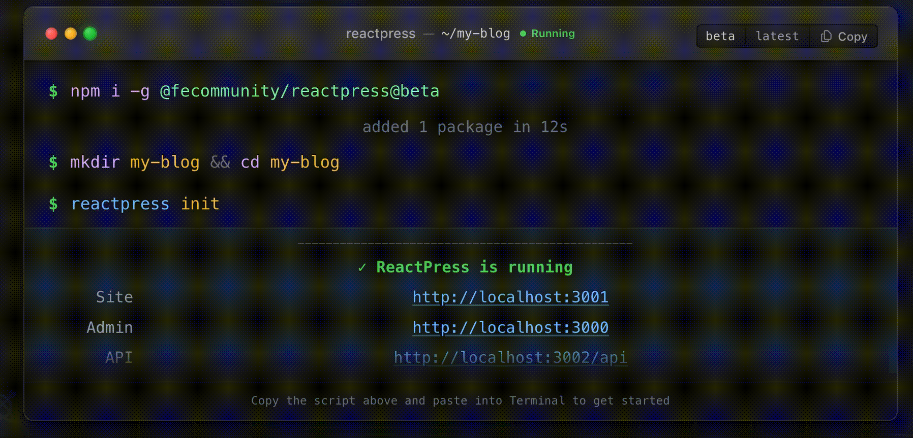 ReactPress CLI — from install to running site in about 60 seconds