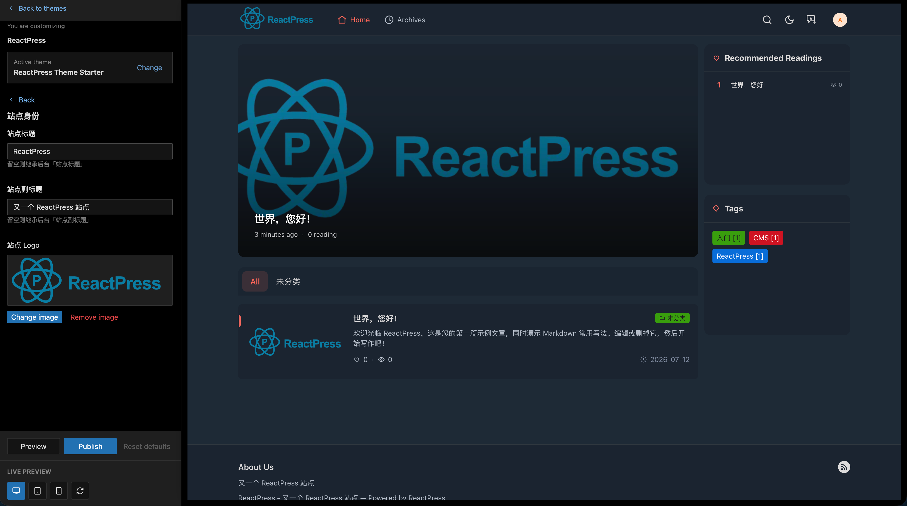 Theme customizer with live preview
